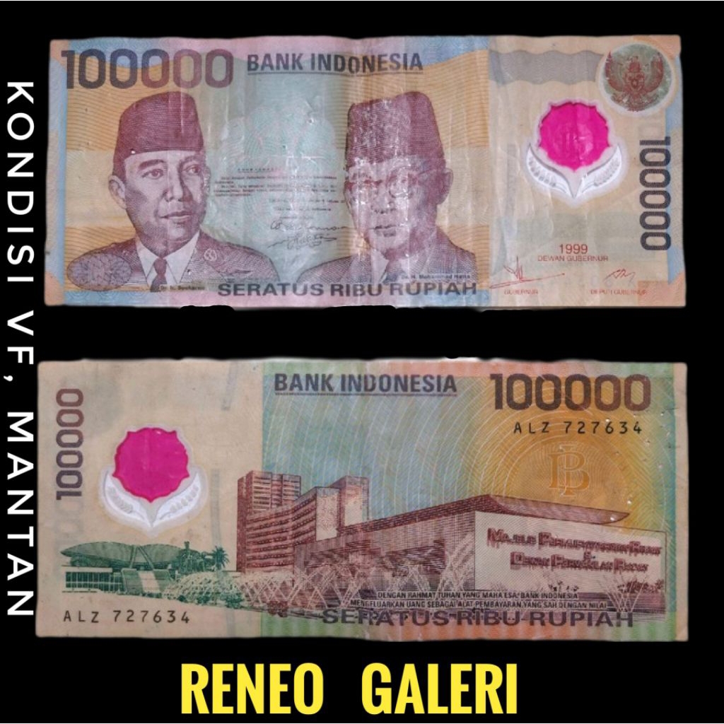 VF 100.000 Rupiah Polymer Plastik Tahun 1999 Rp 100000 Sukarno hatta mawar merah uang kertas kuno du