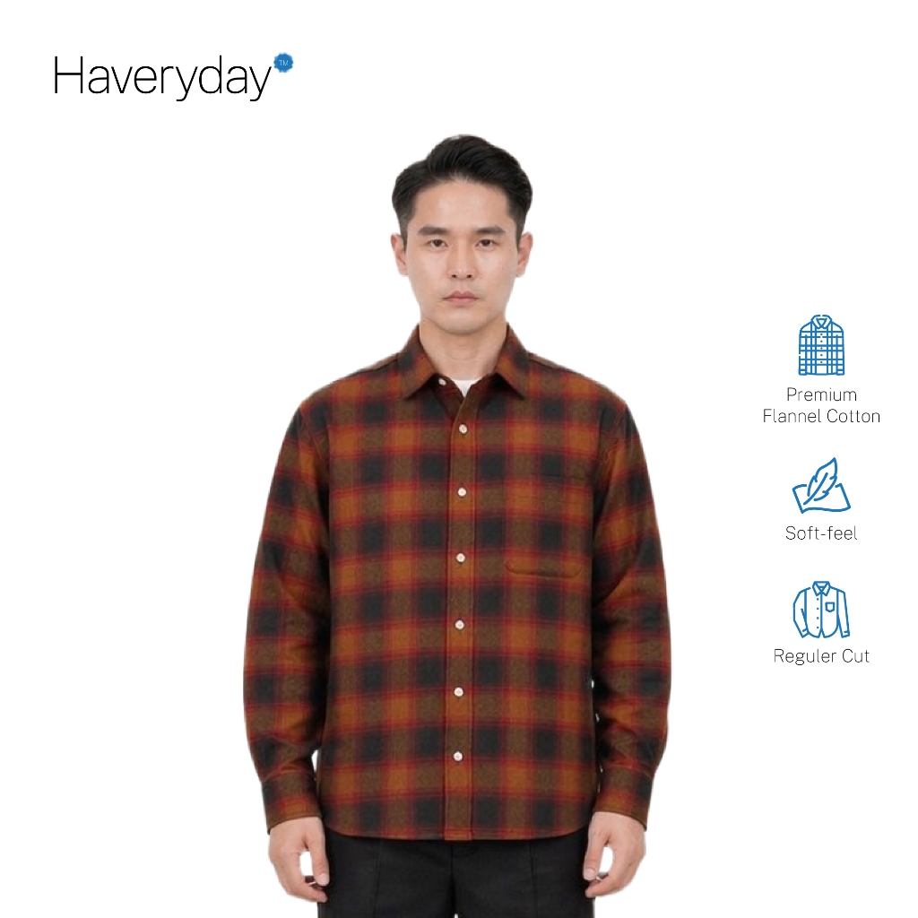 HAVERYDAY Kemeja Pria Flannel Veterano Long Sleeve dengan Desain Plaid Brown