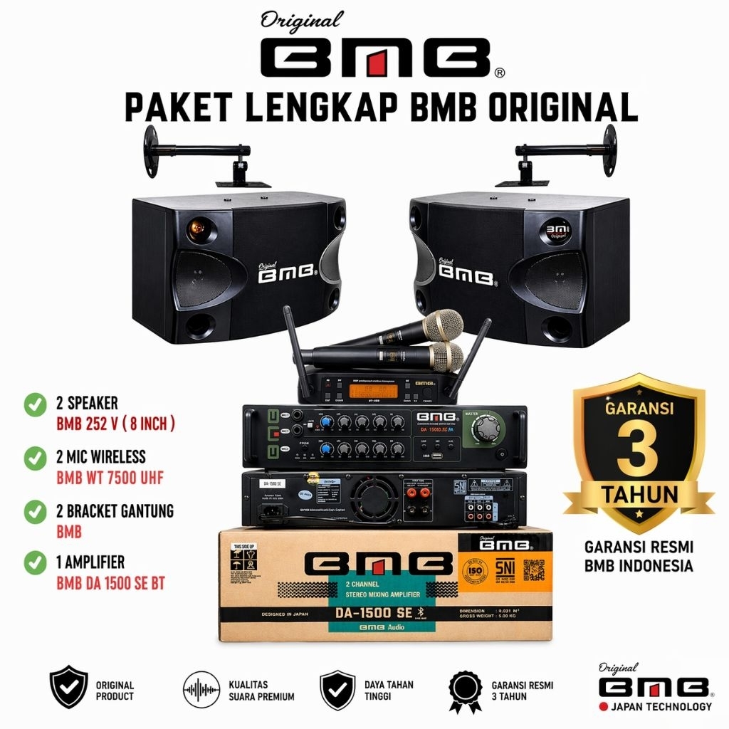 Paket Karaoke Speaker BMB 8 inch - Ampli Mixer BMB - 2 Mic Wireless BMB Komplit Set BMB Cocok Karaok