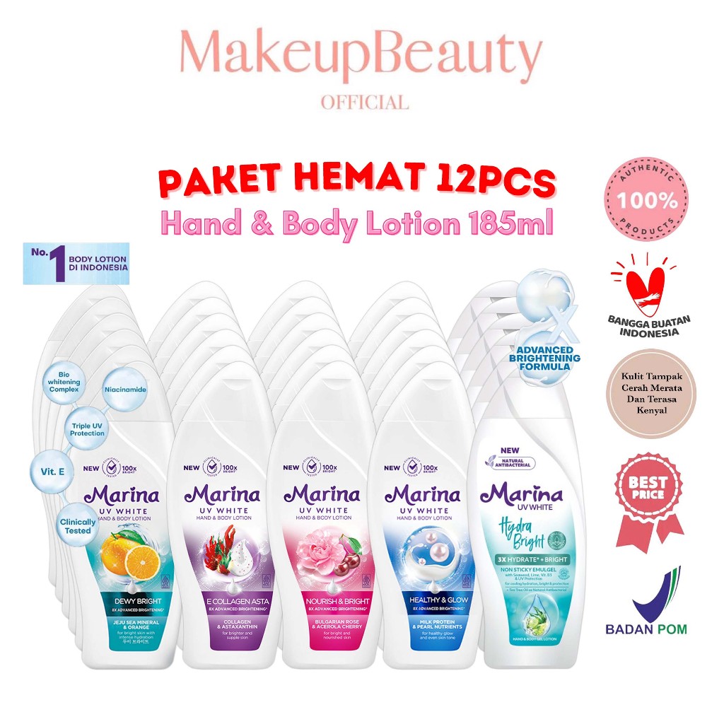 [PAKET 12PCS] MARINA Hand Body Lotion UV White 185ml - Nourish & Bright / Healthy & Glow / Dewy Brig