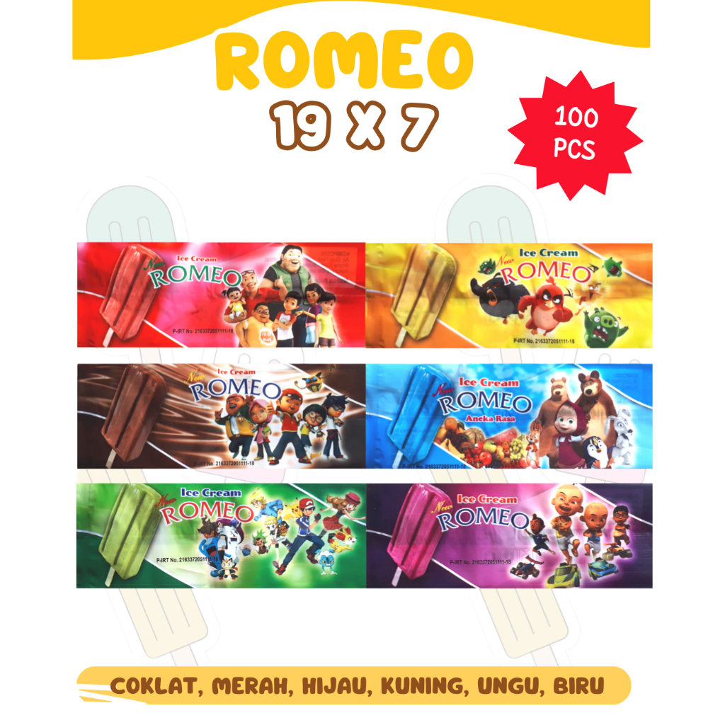 Kemasan Es Loly Romeo Tebal Isi 100 Pcs - Plastik Es Krim Stick Pack Karakter - Bungkus Es Lilin Mam
