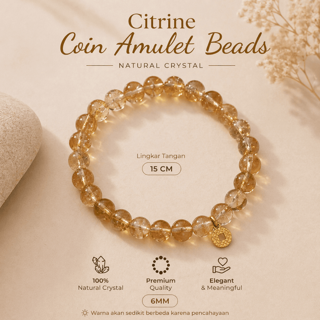 Gelang Citrine Coin Amulet  Natural Crystal Original  Feng Shui Rezeki, Abundance & Positive Energy 