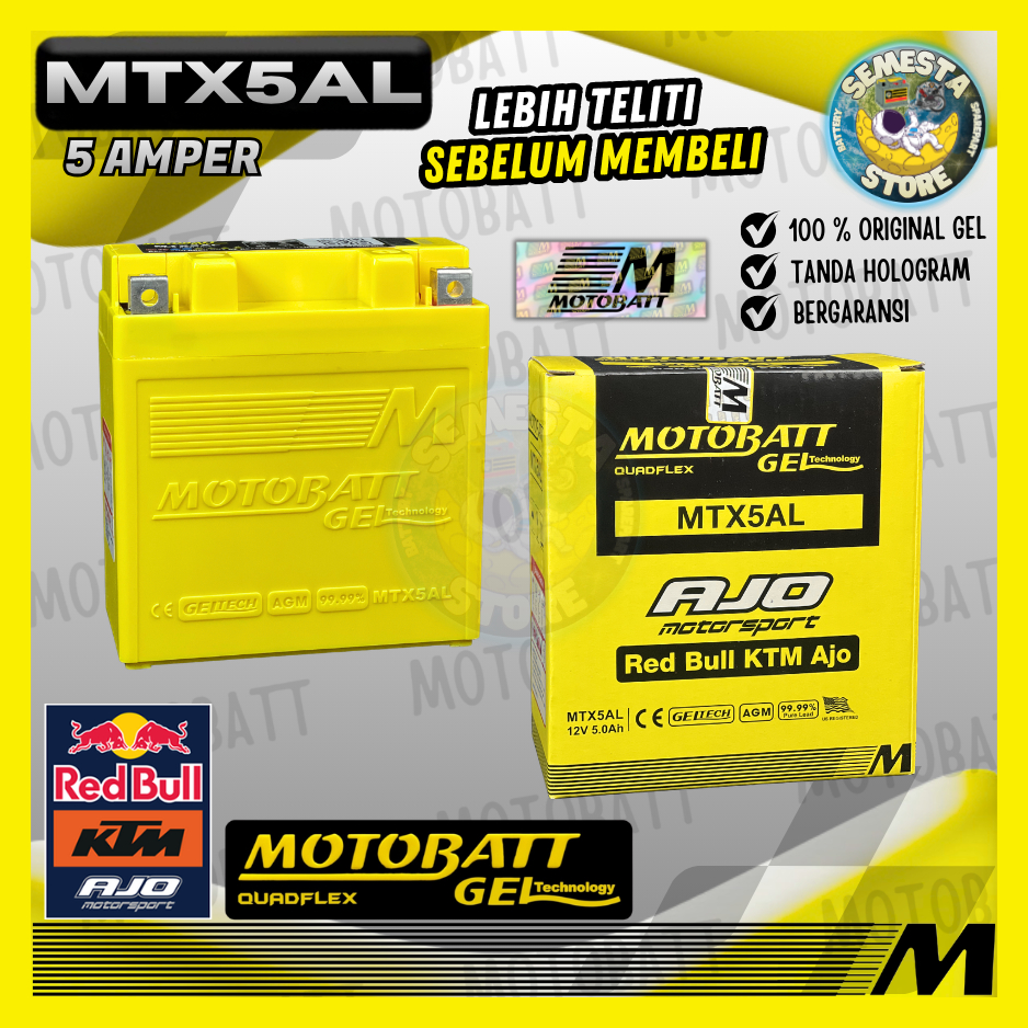 ASLI ACCU MOTOBATT GEL MTX5AL 12 VOLT 5 AMPER UNTUK MOTOR LEGENDA ASTREA GRAND MEGAPRO PRIMUS