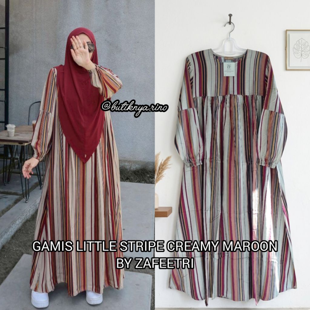 GAMIS LITTLE STRIPE CREAMY MAROON (GAMIS SAJA) BY ZAFEETRI // GAMIS SYARI RAYON MOTIF STRIPE