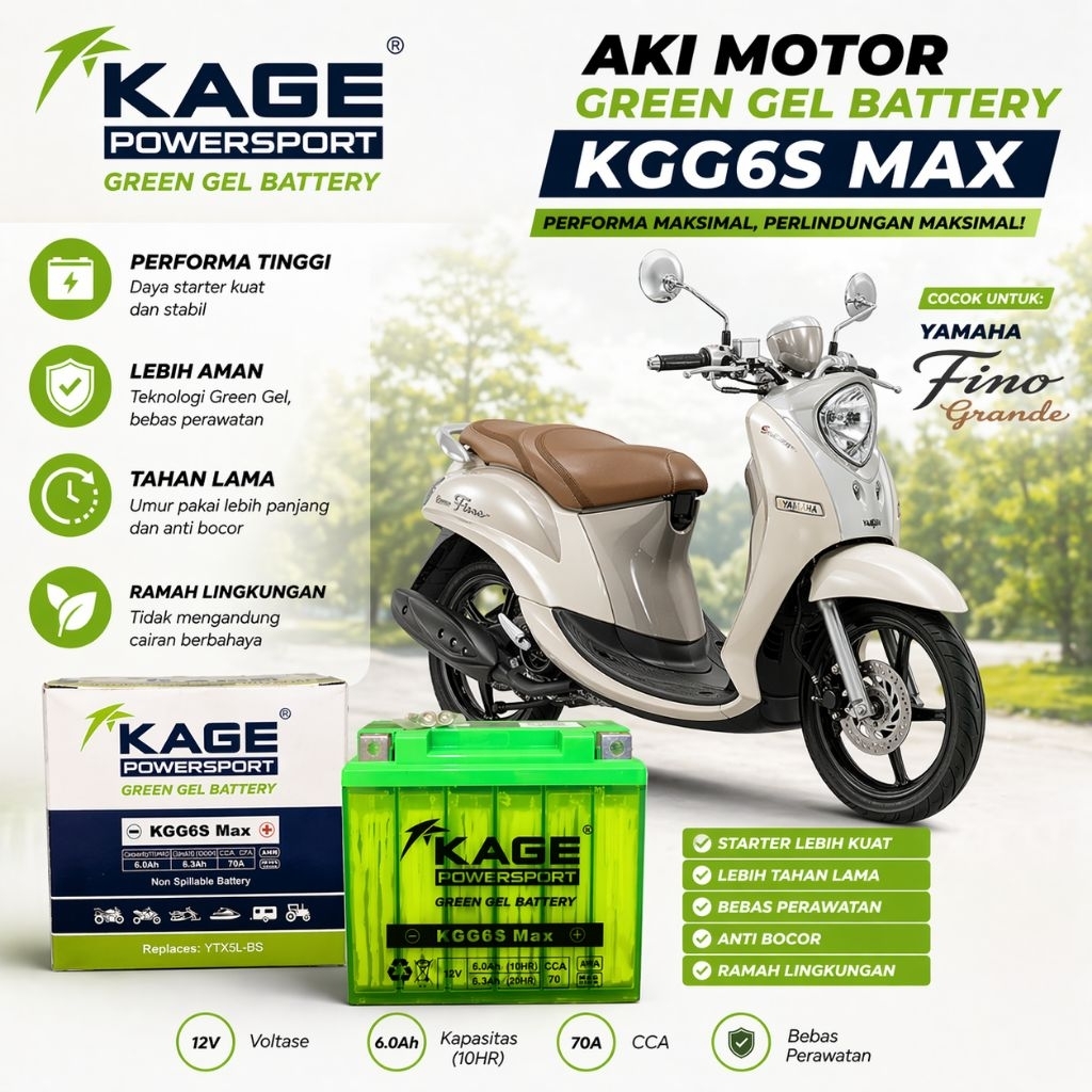 KAGE KGG6S Aki Motor Siap Pakai Aki Motor Yamaha Fino Grande ( Garansi 6 Bulan )