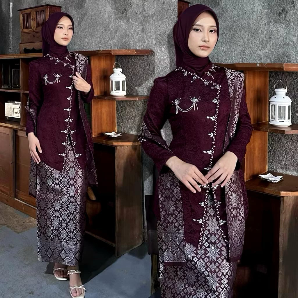 Kebaya Janggan Tile Payet Rok Songket + Selendang Wanita Acara Wisuda Dan Seragaman Keluarga Besar