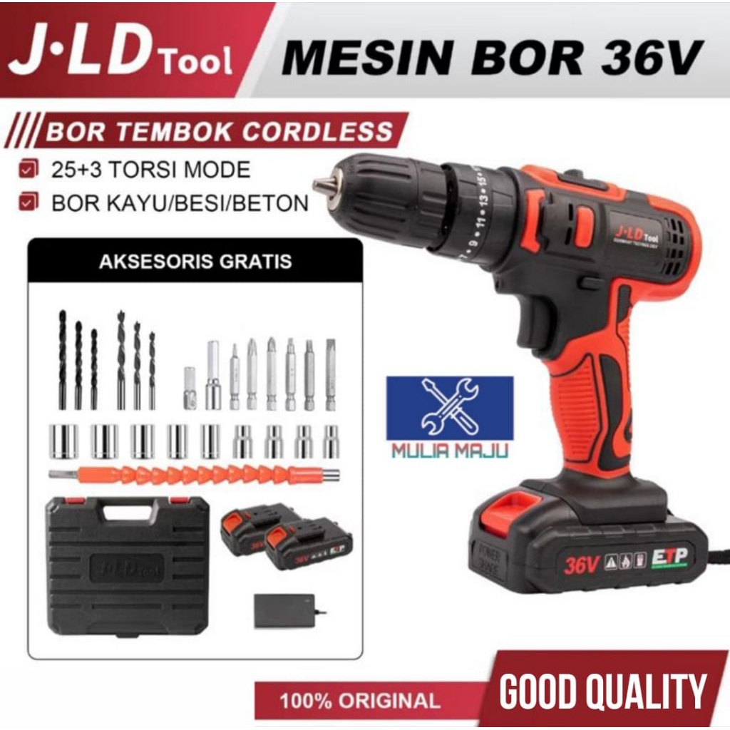 JLD 36VF Mesin bor baterai 36-2 bor Impact listrik 13mm / bor cordless bor cas 2 baterai
