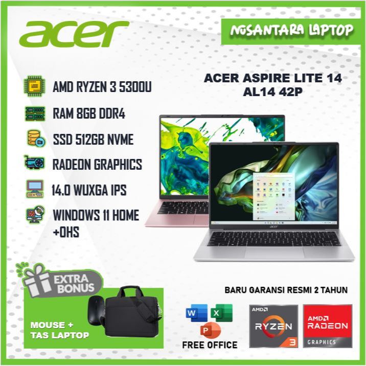 Laptop Acer Aspire Lite 14 AMD Ryzen 3 5300U Ram 8GB 512GB SSD WUXGA IPS Windows 11 Home Original