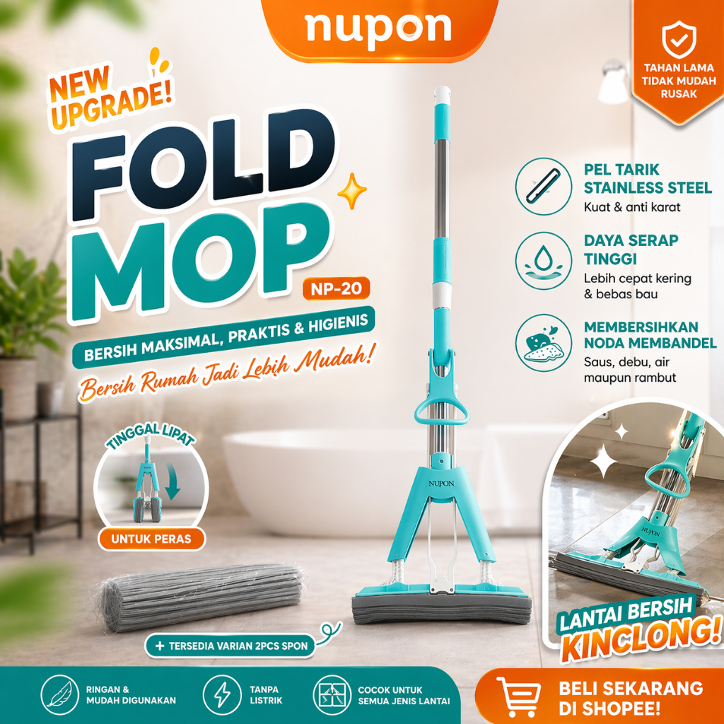 NUPON - Alat Pel Pembersih Lantai Fold Mop Stainless Anti Karat