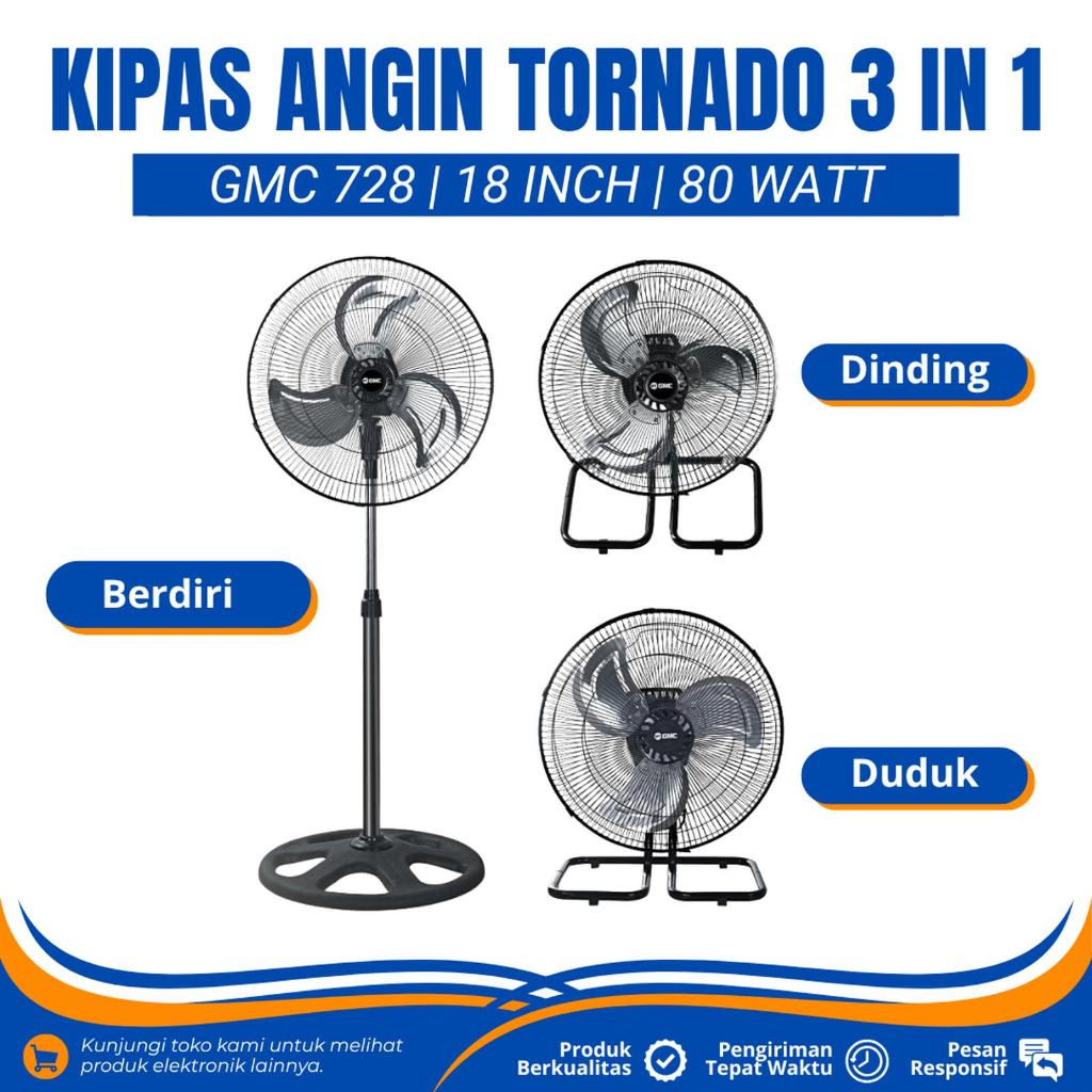 GMC KIPAS ANGIN TORNADO 18 INCH 3 IN 1 GMC 728 BALING BESI KIPAS ANGIN BERDIRI DUDUK DINDING 18 INCH