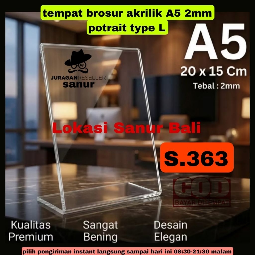 tempat brosur akrilik A5 2mm potrait type L for Qris tabel menu dll kode:363