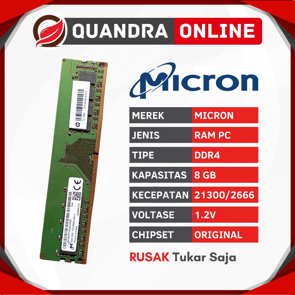 RAM LONGDIMM MICRON 1RX8 8GB DDR4 PC21300 2666MHZ SECOND COPOTAN PC BUILT UP