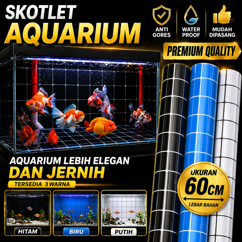 Skotlet Aquarium Hitam Biru Putih Waterproof Anti Gores Sticker Kaca Aquarium