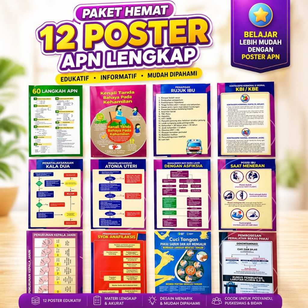 Paket Poster | 12 Lembar Poster APN Lengkap | Poster Kebidanan Kesehatan | Poster Persalinan