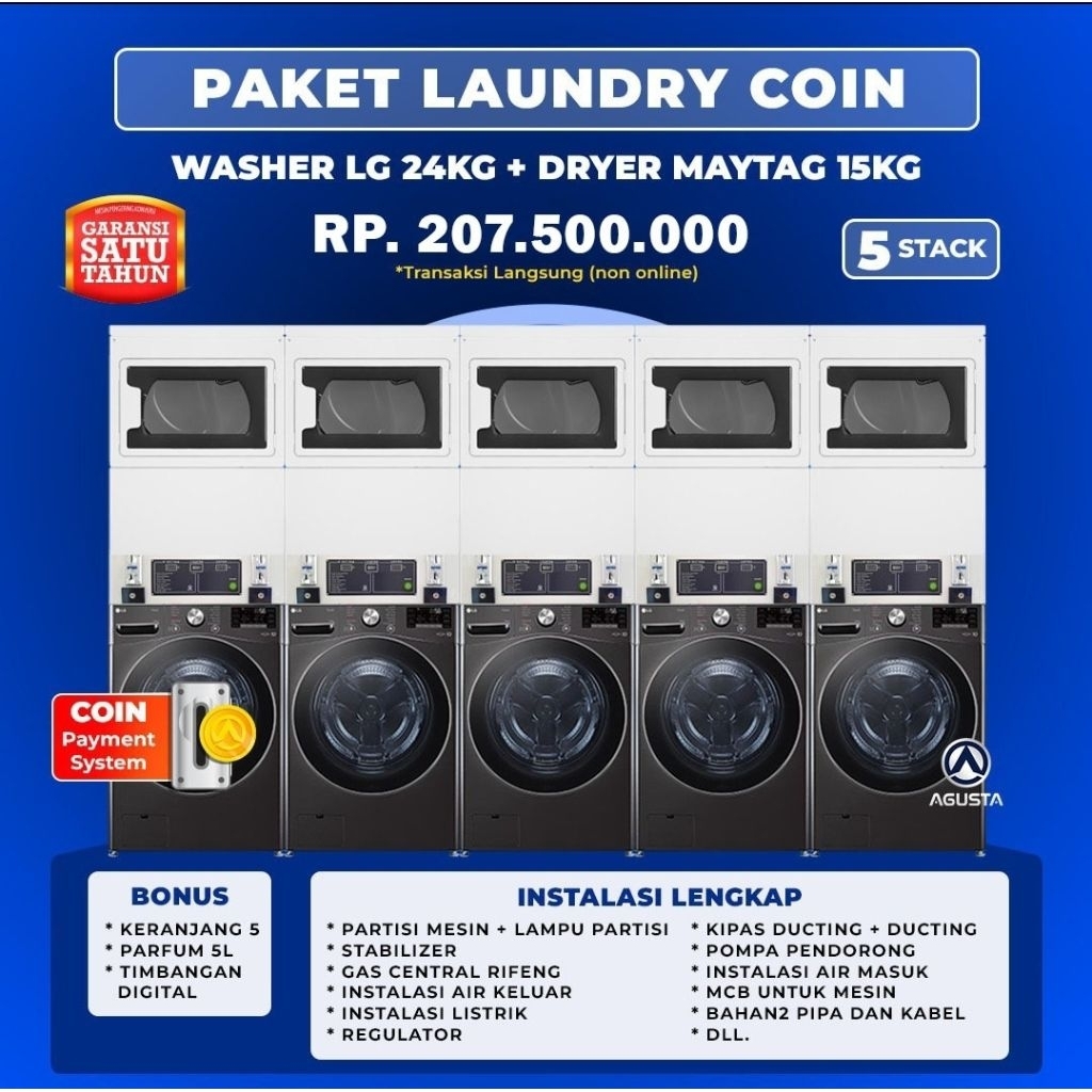 Paket Mesin Laundry Koin 5 set Stack Mesin Cuci LG 24kg & Mesin Pengering Maytag 15kg