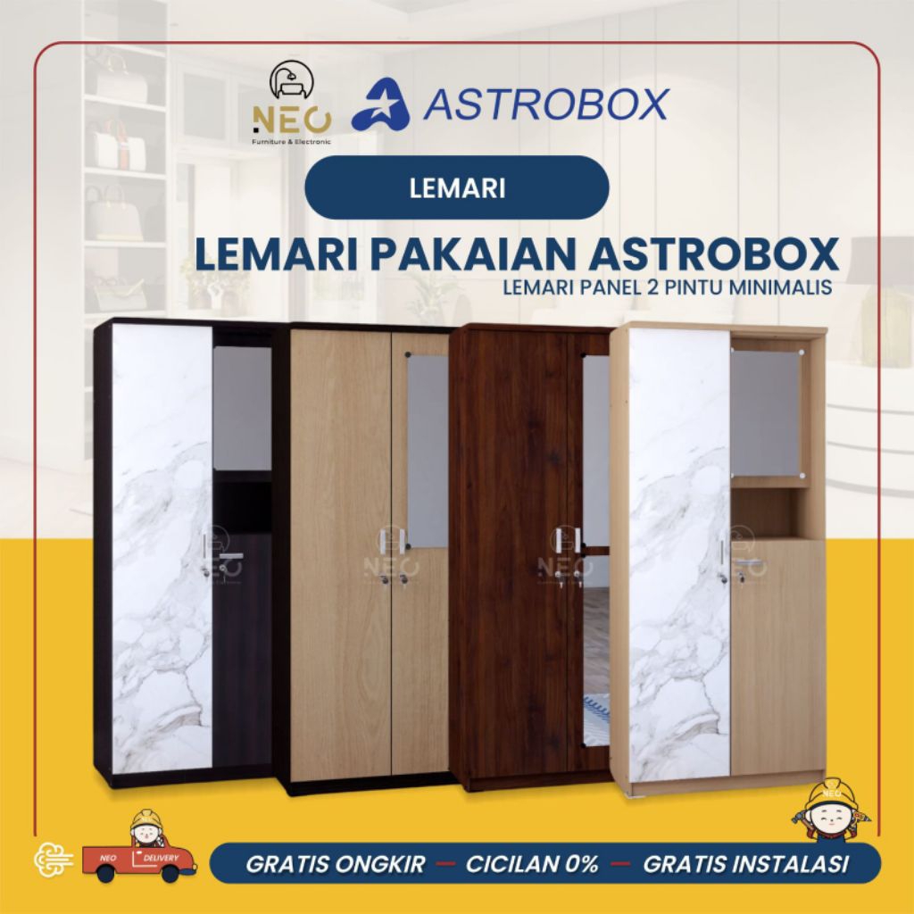 NEO - LEMARI PAKAIAN 2 PINTU ASTROBOX LEMARI ANAK MINIMALIS WADROBE BAJU LEMARI BAJU ANAK SWING KACA