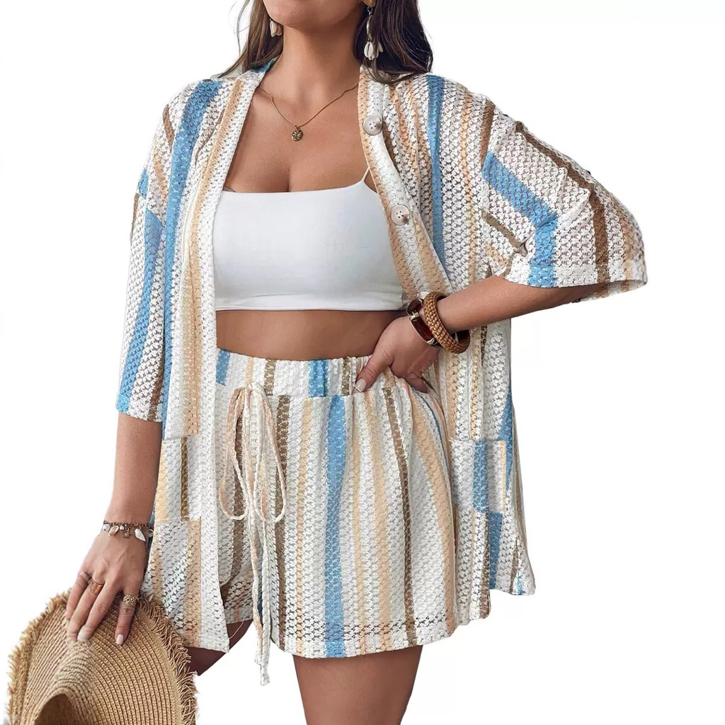 Outer+Celana Pendek 2pcs Sets Wanita Baju Pantai Beachwear Bali Wanita Impor SS0345