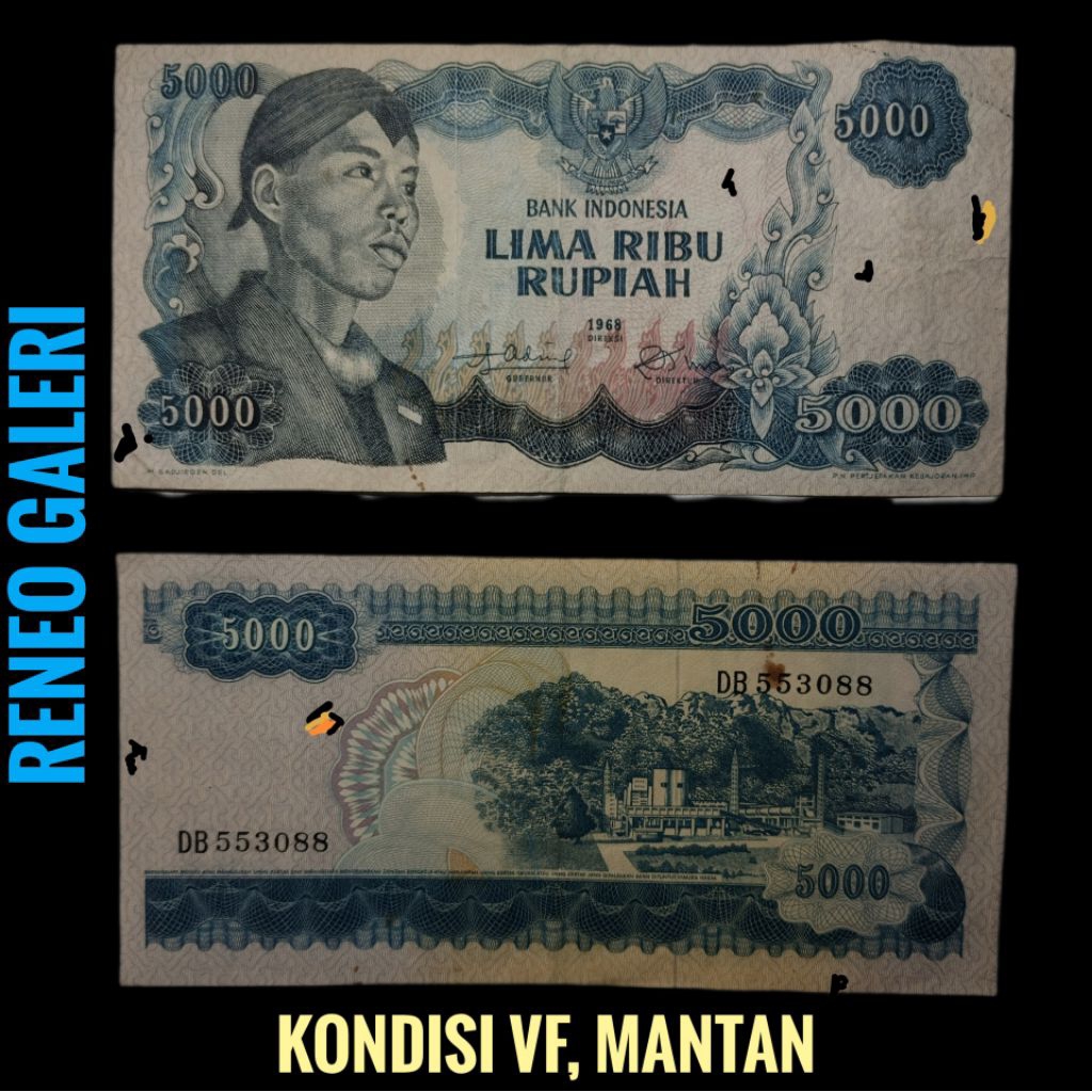 VF 5000 Rupiah Seri Sudirman tahun 1968 Rp 5,000 jendral Soedirman uang kertas kuno Indonesia duit j