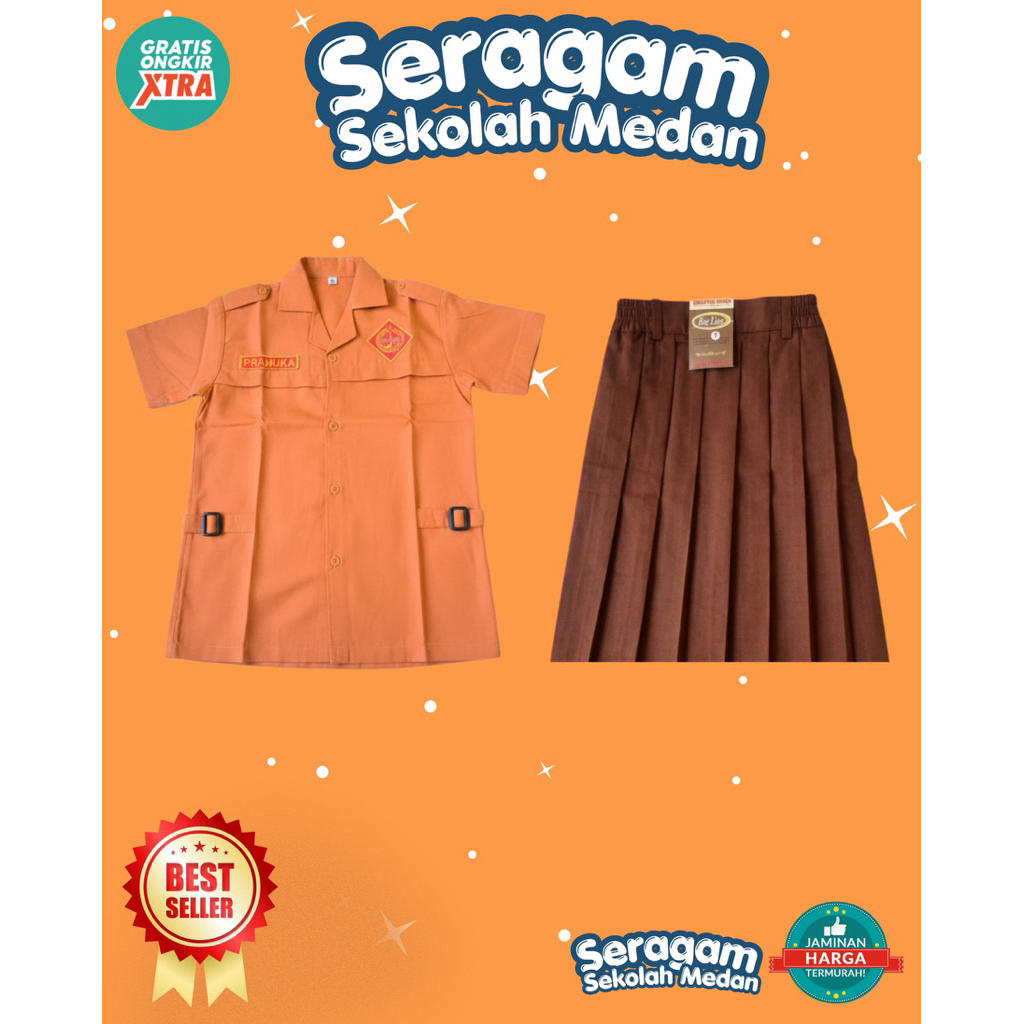 SETELAN LENGKAP SERAGAM PRAMUKA SD PEREMPUAN PRAMUKA CEWEK BAJU LENGAN PENDEK ROK PENDEK KELAS 1 2 3