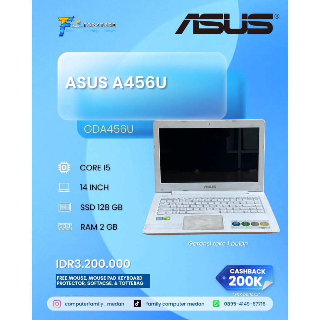 LAPTOP ASUS A456U WHITE I5-GEN 7 RAM 4 GB SSD 128 GB + HDD 1 TB NVIDIA 2 GB