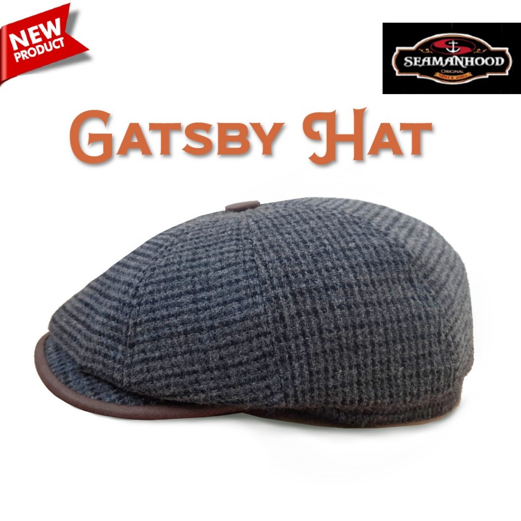 Topi Newsboy Hat Gatsby Style Original Seamanhood Flat Cap Wool Tweed Grey Kombinasi Kulit Vintage