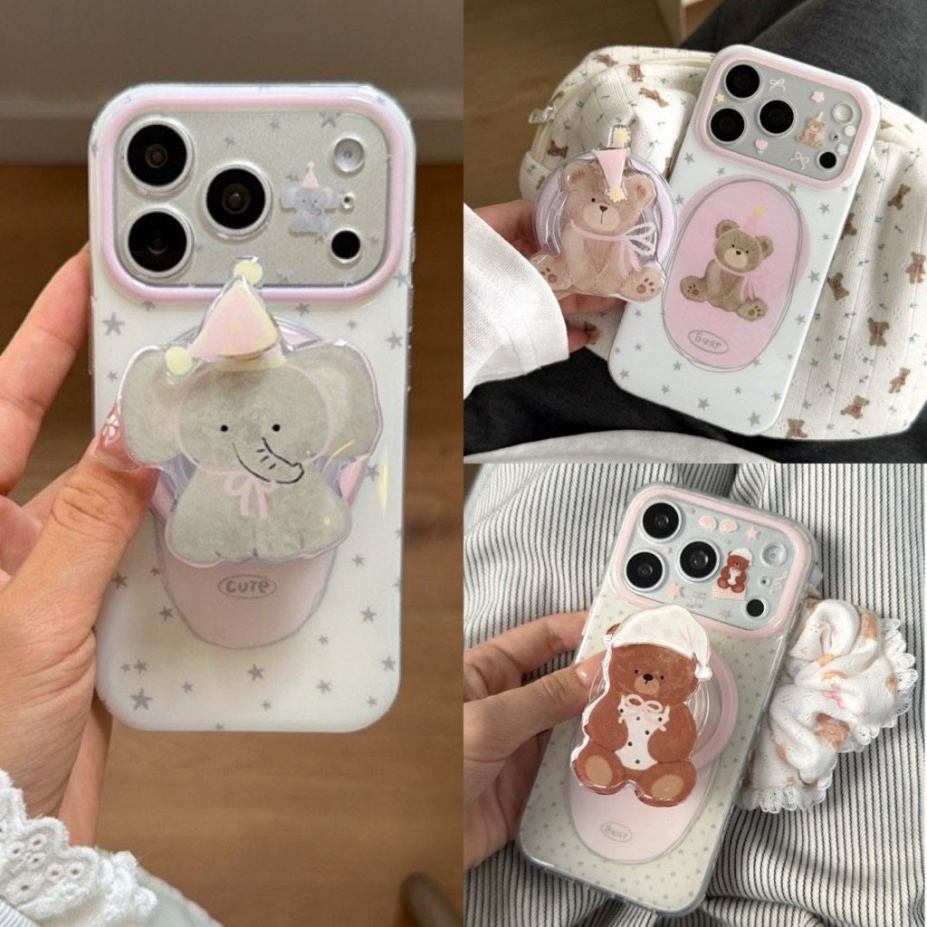 Cute Bear and Elephant Magnetic Popsocket Magsafe Case Iphone 13 14 15 17 Pro Promax | BONBONCASE.ID