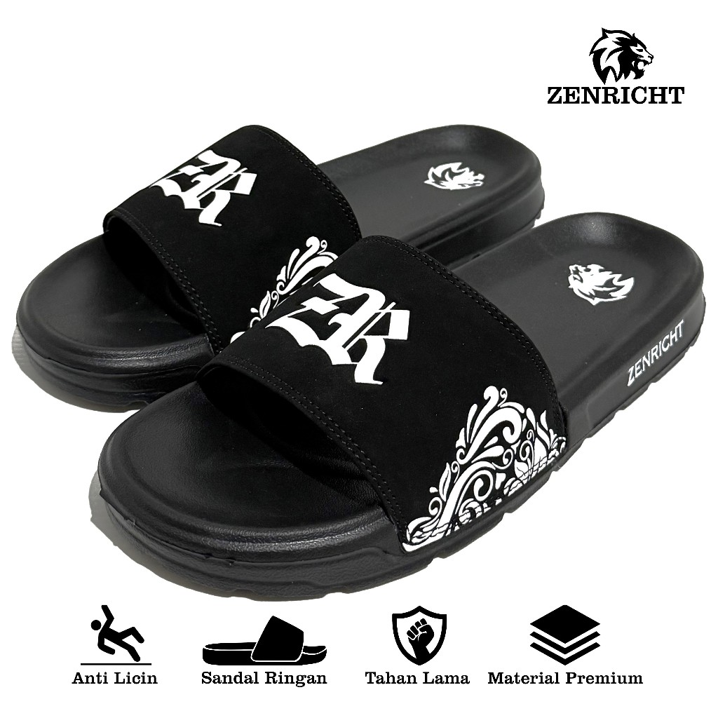 Zenricht - Sandal Slop Pria Sandal Slide Pria Hitam Putih