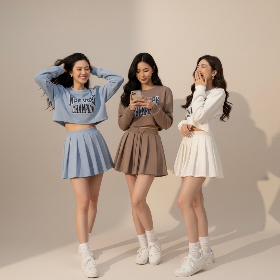 RAL OOTD Set Sporty Wanita Korea Crop Sweater + Rok Plisket | Outfit Casual Chic Slimming Preppy Loo