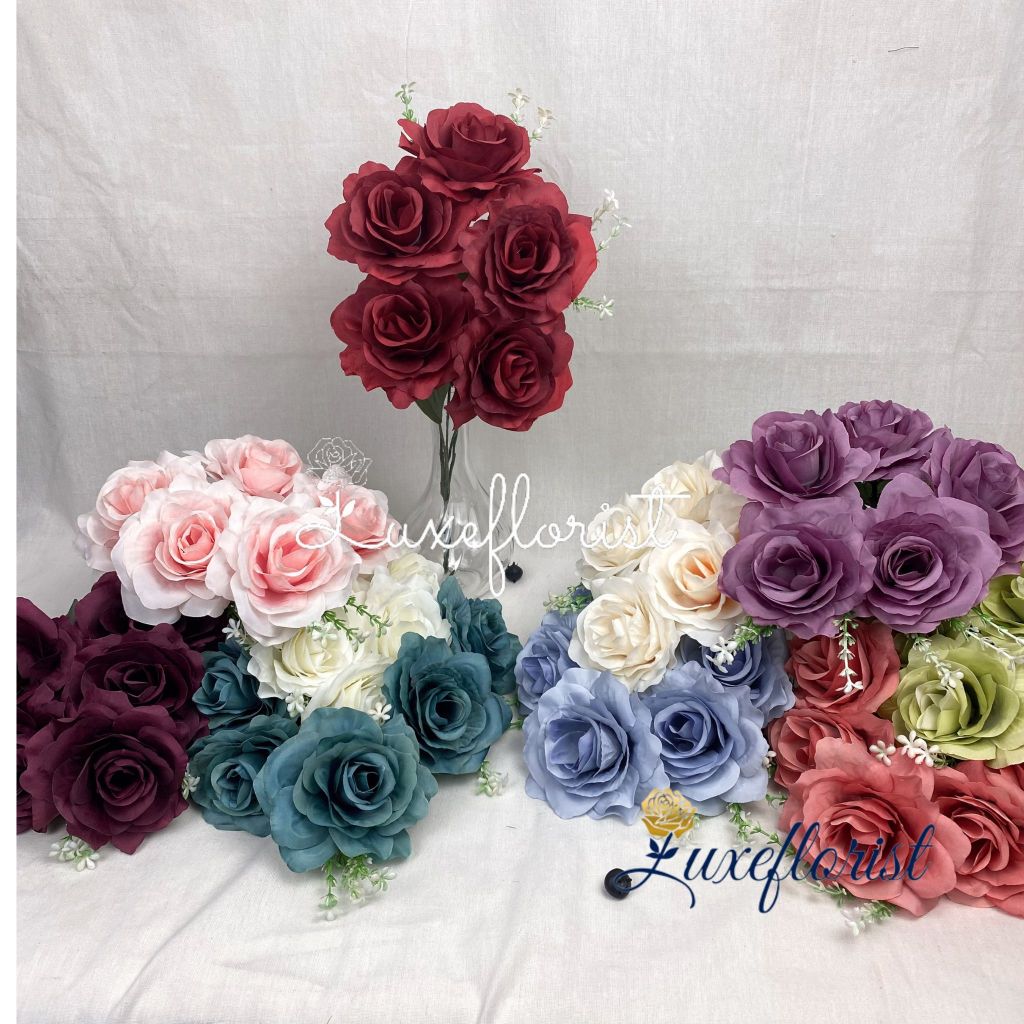 Bunga Mawar Rose Jepang Cabang 5 Bahan Kain Dan Plastik - rose jepang -mawar murah - Artificial Deko