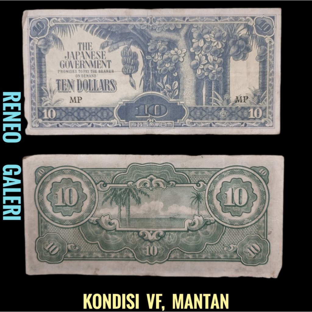 VF 10 dollars Malaya Tahun 1942-1945 Ten dolar jaman pendudukan Jepang uang kertas kuno pohon pisang