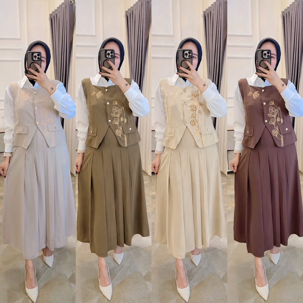 HANAKO One set 3in1 Setelan rok dan vest bordir Wanita dewasa Modis Kekinian Elegan Casual Stylish