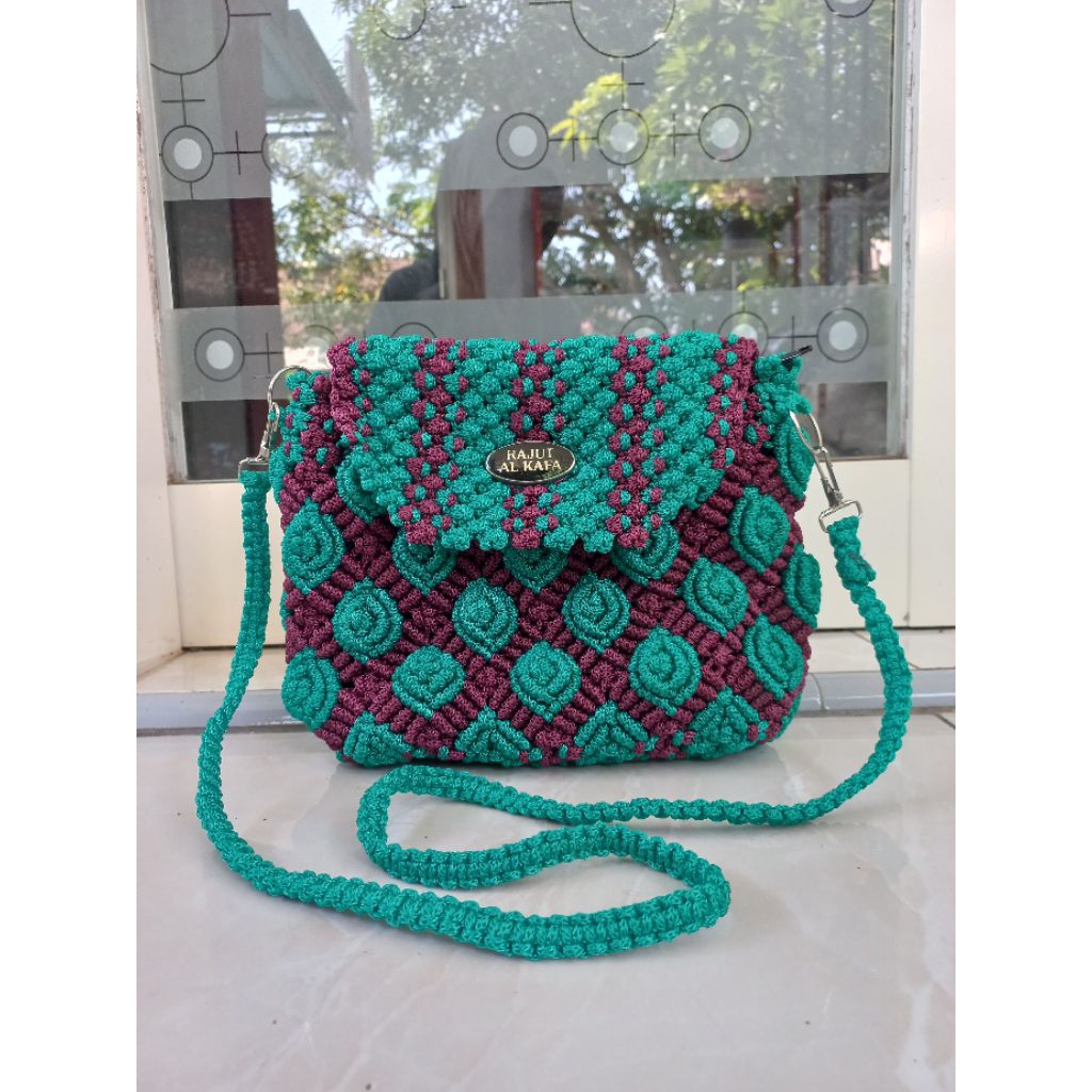 Tas Tali Kur Motif Kerang 3D Al-Kafa set Dompet Wanita Talikur HP Tas TaliKur Selempang  Tutup Mawar