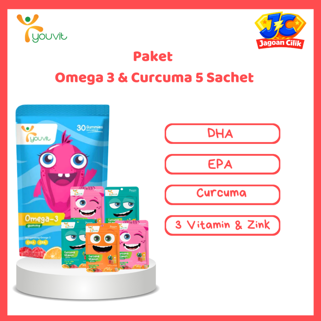 Youvit Omega 3 Anak + Curcuma Anak Paket 1 Bulan – Gummy Vitamin Minyak Ikan untuk Otak, Mata & Nafs