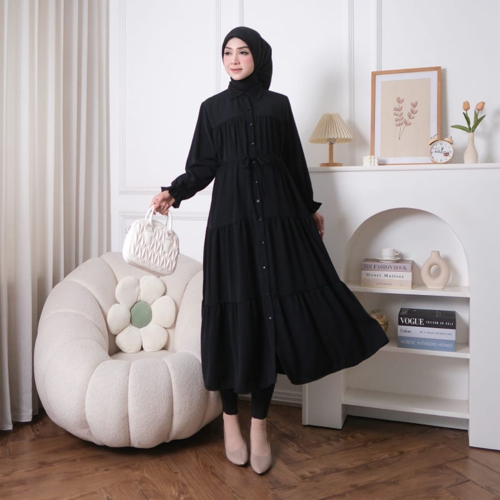 Midi Dress Hitam Putih Daily Wear Wanita Fashion Hijab Korean Look style best seller