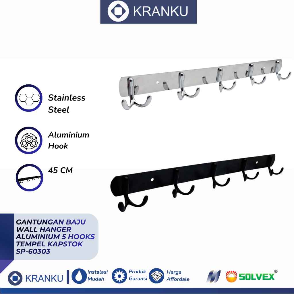 SOLVEX Gantungan Baju Wall Hanger Aluminium 5 Hooks Tempel Kapstok