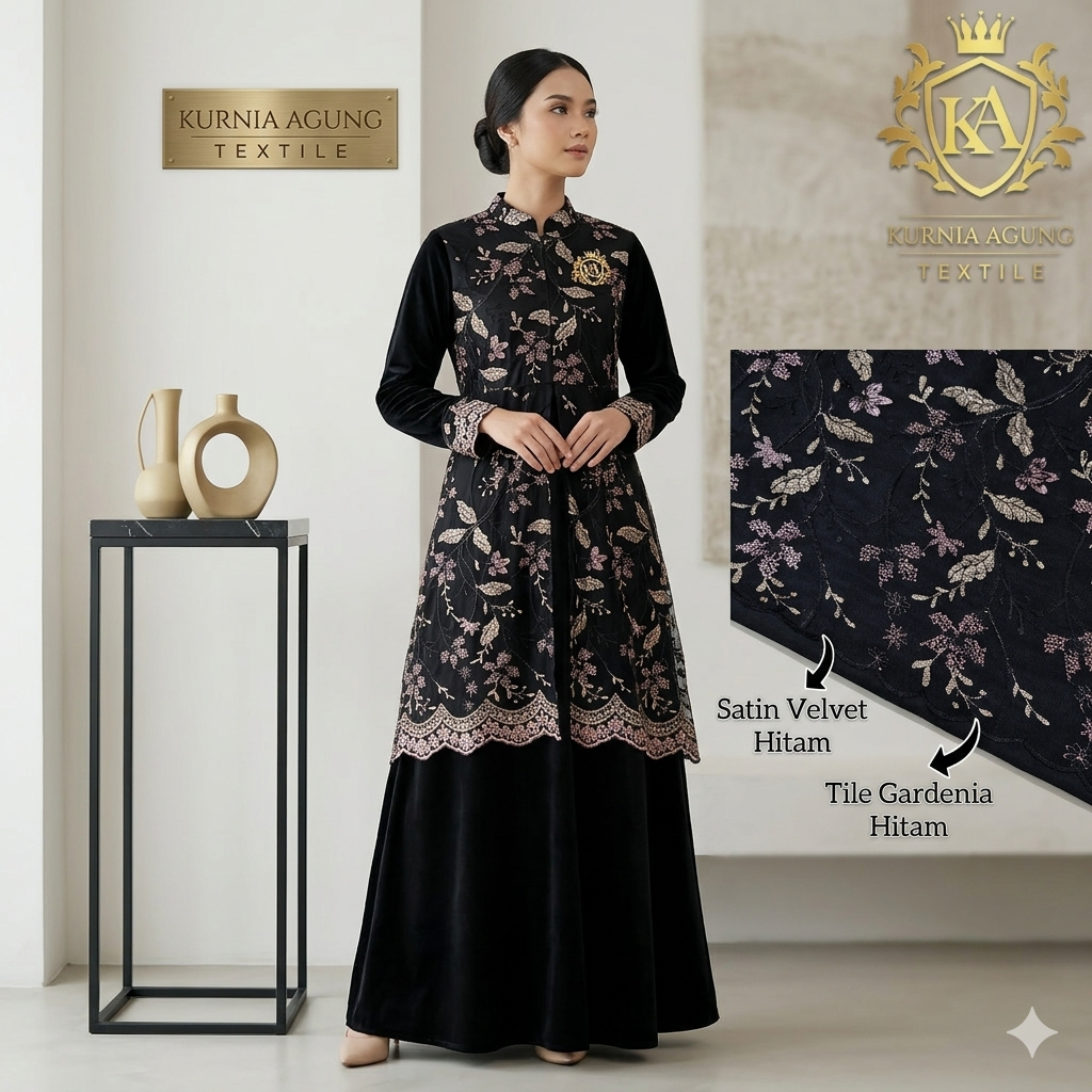 ½ Meter Brokat Bordir Tile Gardenia Valentino Super Mewah Warna HITAM Premium Bahan Dress Kebaya Ser