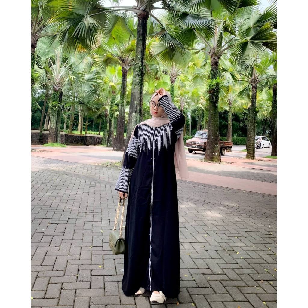 Abaya Hitam Bordir Kekinian Motif garis - ABAYA GARIS - Gamis Muslimah - Ready siap kirim [BISA COD]