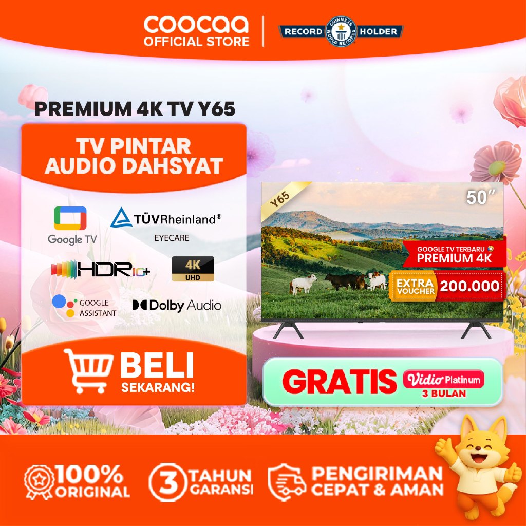 NEW COOCAA TV 50 inch Y65 - 4K GOOGLE TV  - Dolby Audio - Eye Care - HDR10 - Find Remote - (COOCAA 5