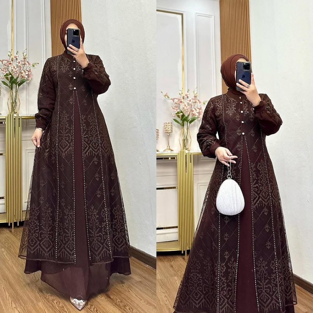 Gamis Dinara Baju Kondangan Wanita Kekinian Terbaru – Gamis Ceruty Babydoll Full Puring Variasi