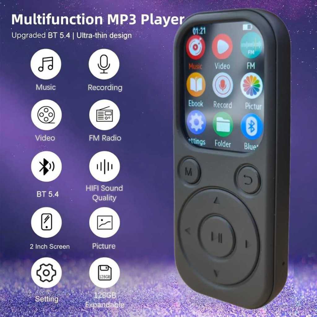 MP3 Player Digital Audio HiFi Bluetooth 5.4 MP4 LCD 2 Inch 210mAh Pemutar Lagu Musik Layar IPS 2 Inc