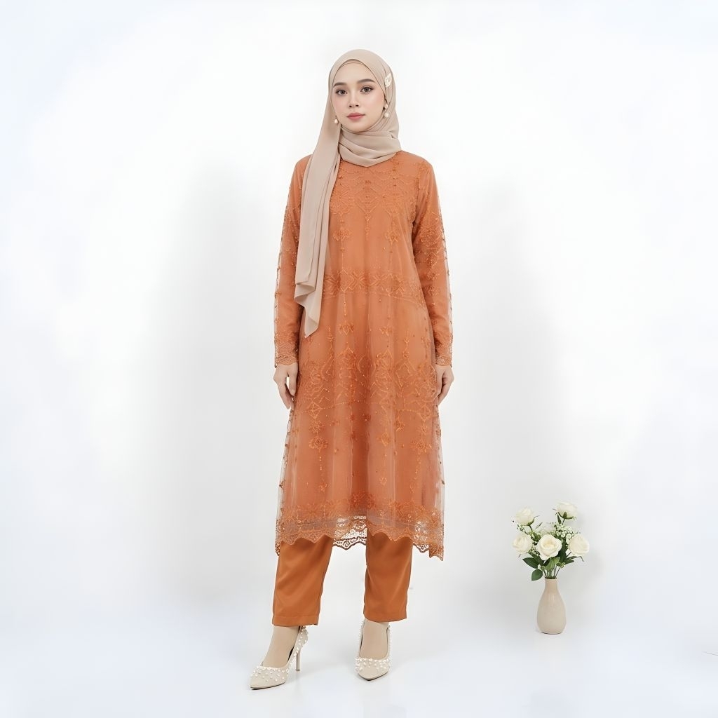 Setelan Tunik Brokat Wanita Muslim Terbaru + Celana Panjang Baju Muslim Kondangan Astyzia Kr