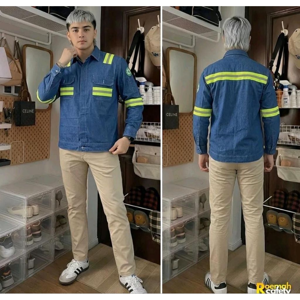 kemeja safety jeans wearpack safety pria kemeja atasan lengan panjang mekanik warna black blue jeans