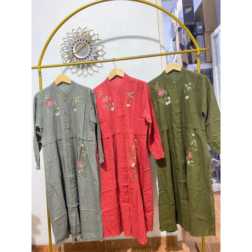 Dress midi katun linen bordir