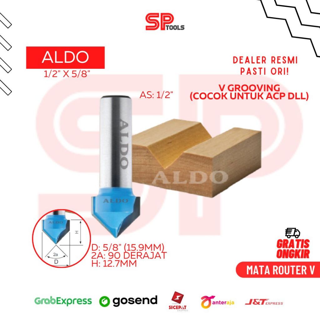 MATA ROUTER / RUTER POTONG PROFIL KAYU / ACP V GROOVING 90 DERAJAT 1/2" X 5/8" 16MM ALDO
