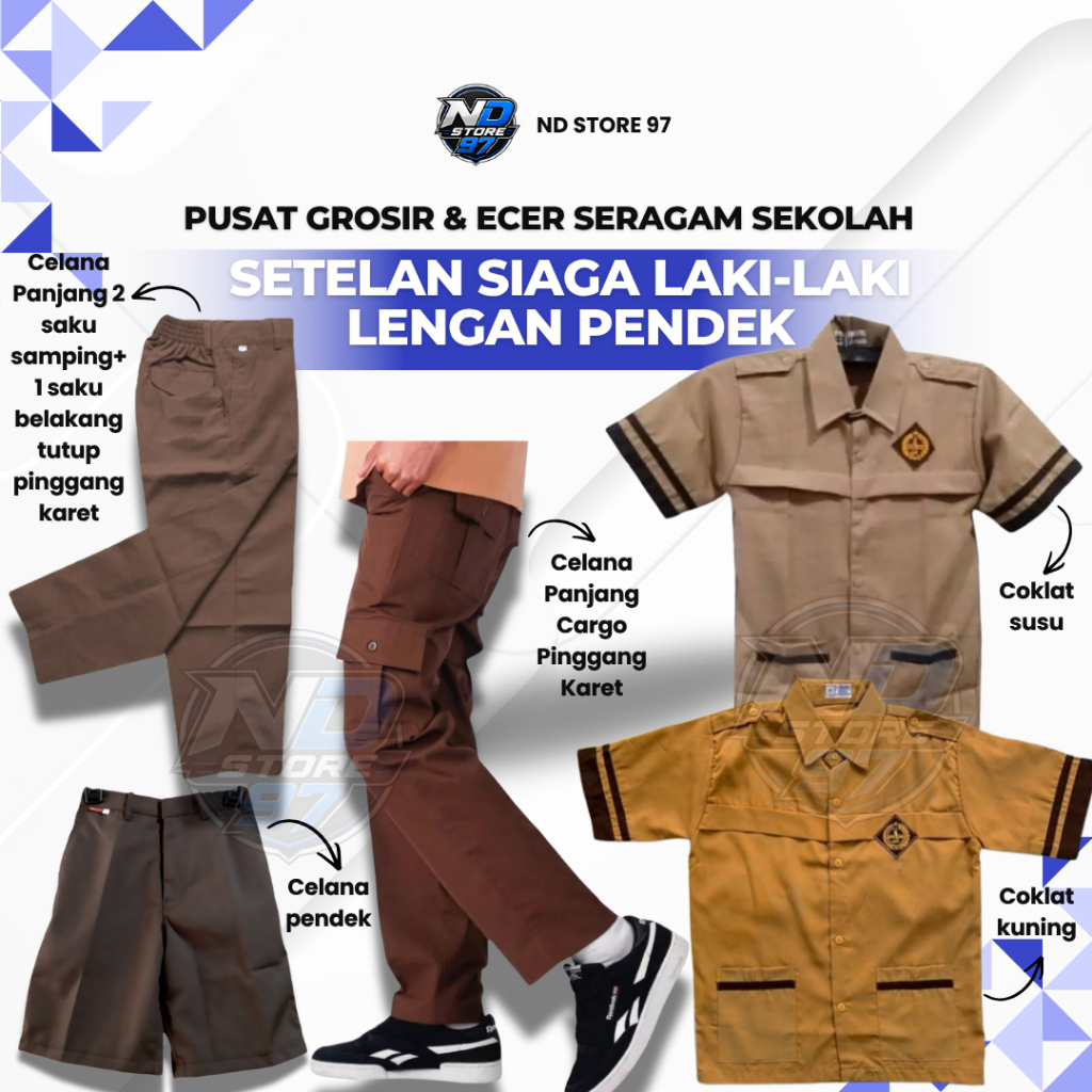 Setelan Pramuka Siaga Laki-Laki Lengan Pendek - Baju Pramuka SD Siaga Coklat Susu/Kuning & Celana Pa