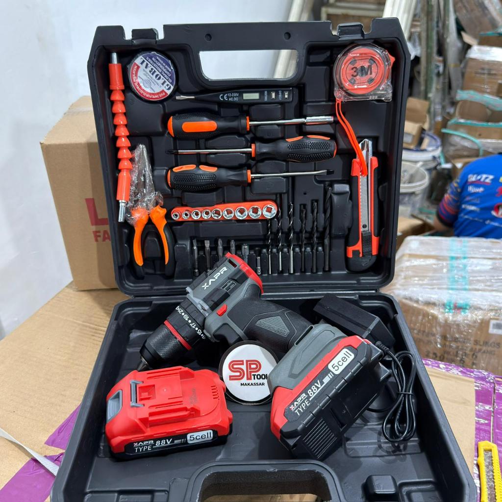 MESIN BOR CORDLESS CAS BATERAI IMPACT BRUSHLESS BETON 13MM SET 88VF APR XAPR AP20+