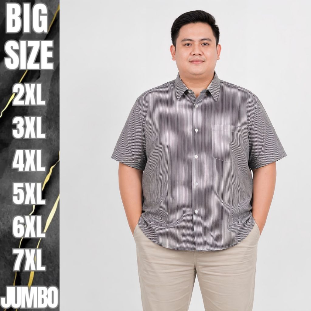 BIGBRAND Kemeja Pria Jumbo Lengan Pendek Hem Salur Stripe Motif Garis Garis Big Size