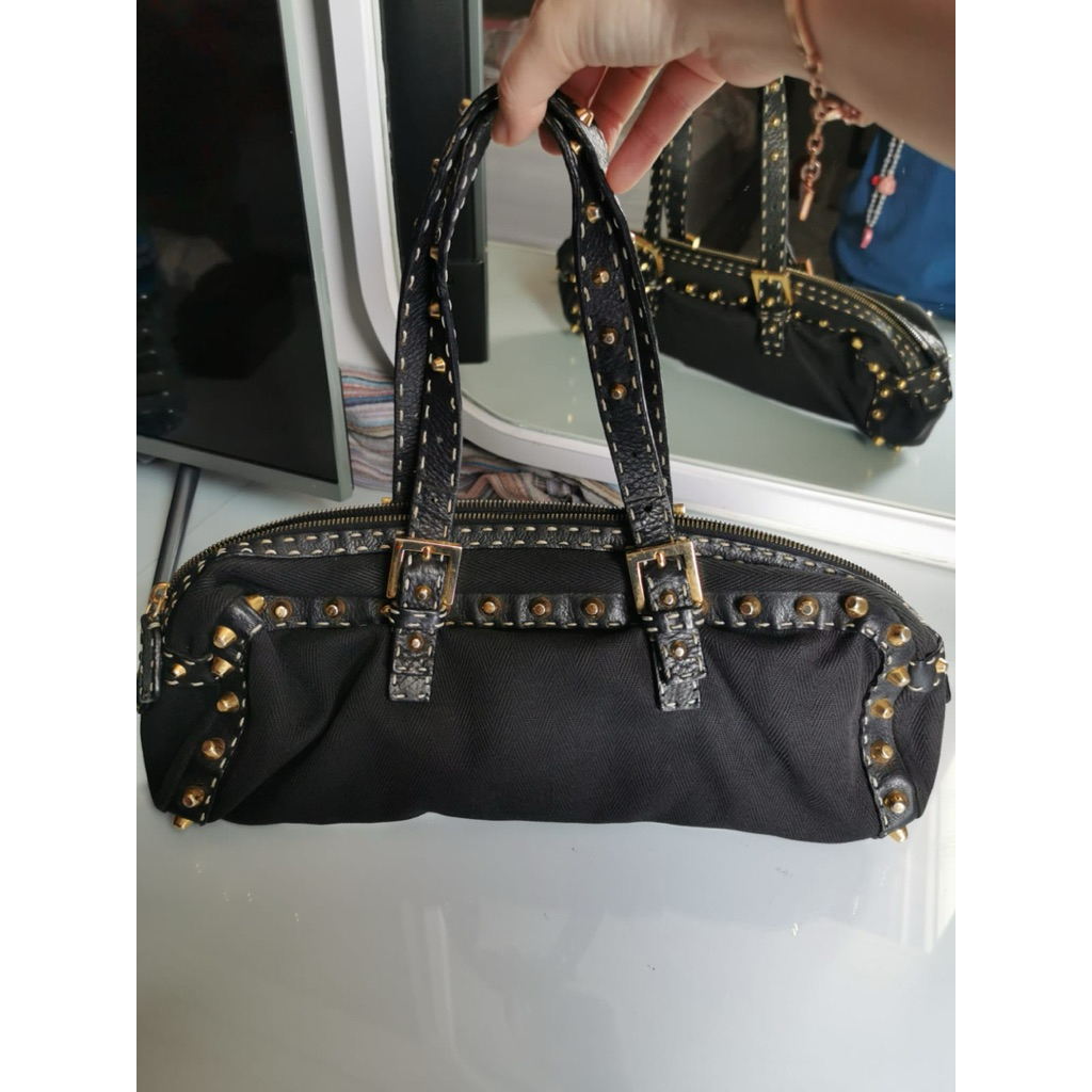vintage authentic fendi selleria black studded east west shoulder bag