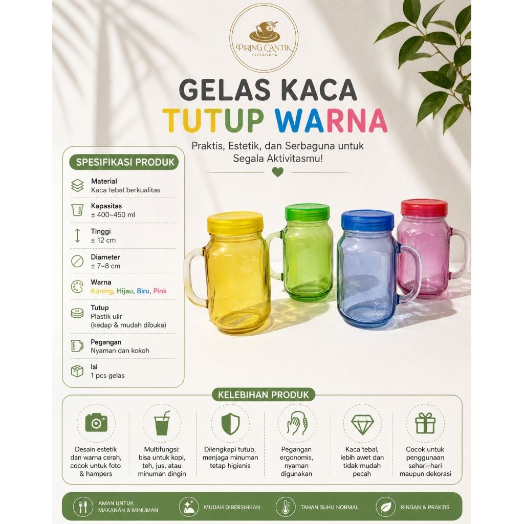 Gelas Kaca Warna Warni Serbaguna Warna Merah Hijau Biru Pink (GK 23)