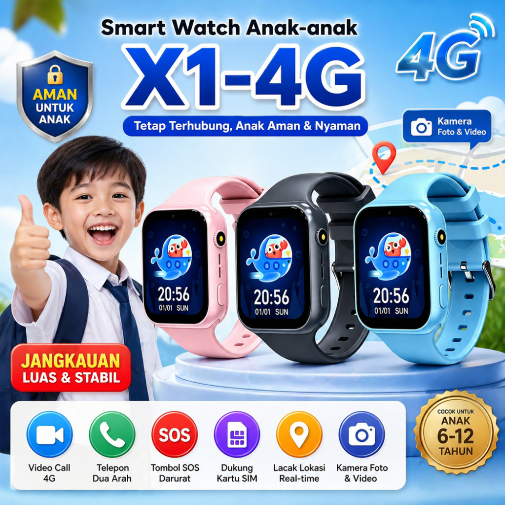 {100% Asli}Anti Air Jam Tangan Anak X1 - 4G Video Call Telepon - GPS Digital Smartwatch Anak Waterpr